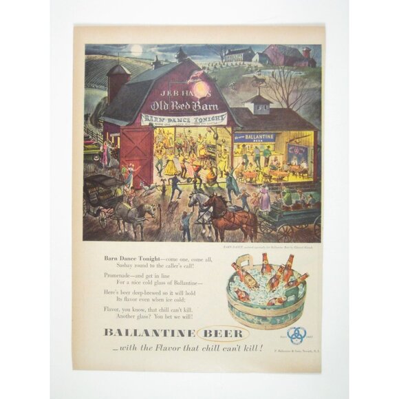 Vintage 1950s Ballantine Beer Advertisement Print Barn Dance Horses Carriage - Picture 1 of 1